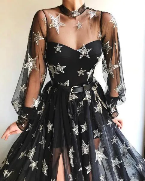 High Neck Split Black Long Sleeves Prom Dress With Star PSK067