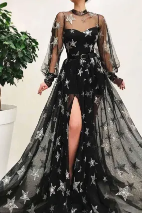 High Neck Split Black Long Sleeves Prom Dress With Star PSK067