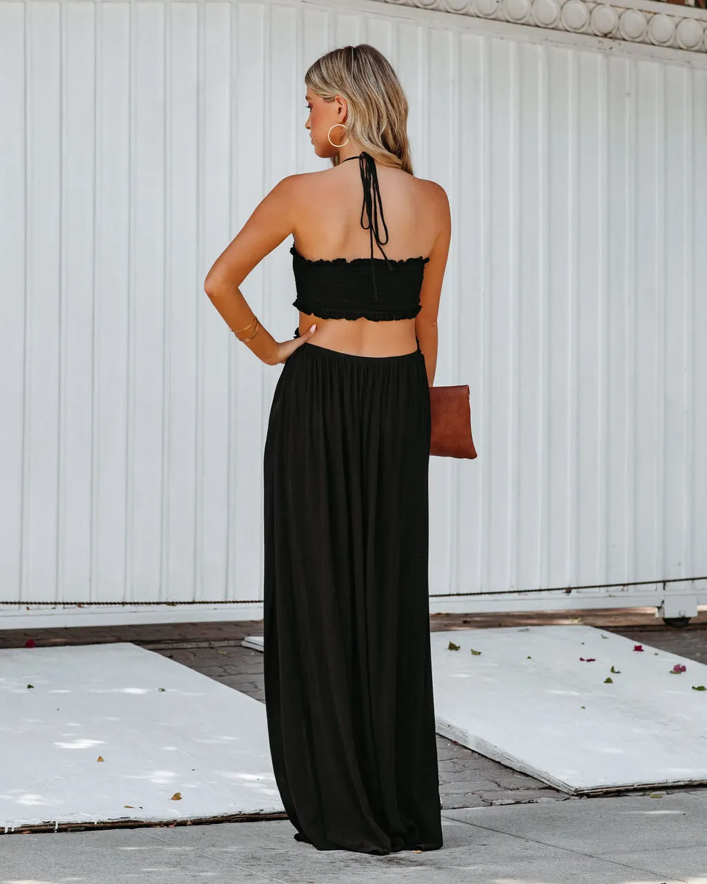 Hit The Beach Smocked Halter Maxi Dress - Black