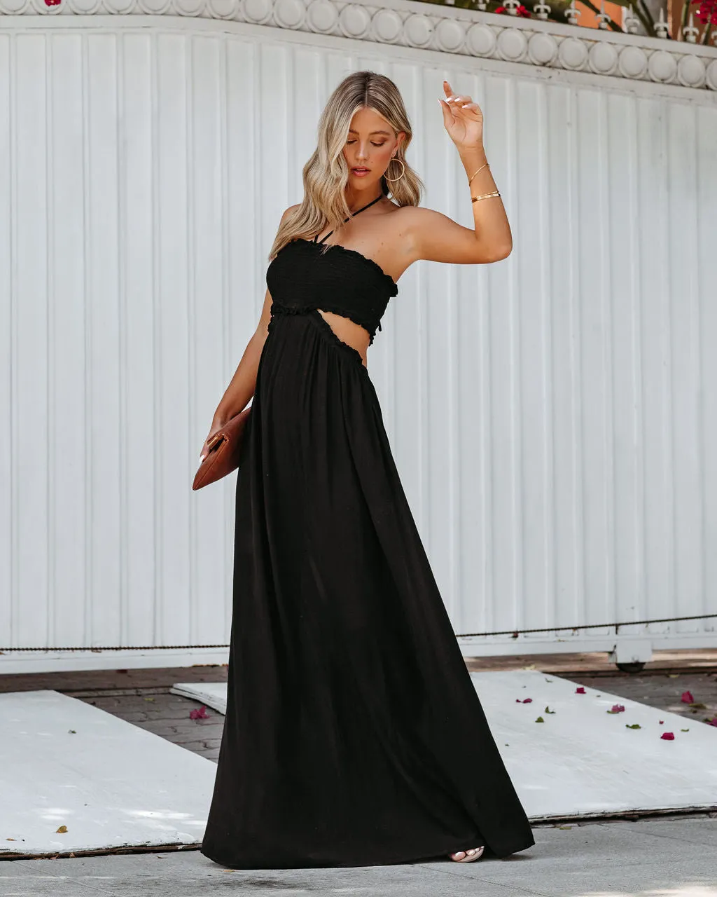 Hit The Beach Smocked Halter Maxi Dress - Black