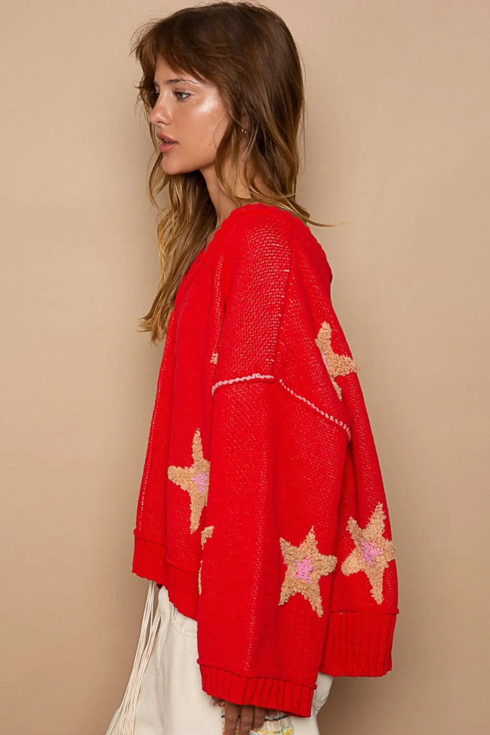 Hot Girl Contrast Stitch Star Patch Sweater In Red