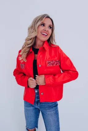 Jackie Jeweled Faux Leather Jacket - Red