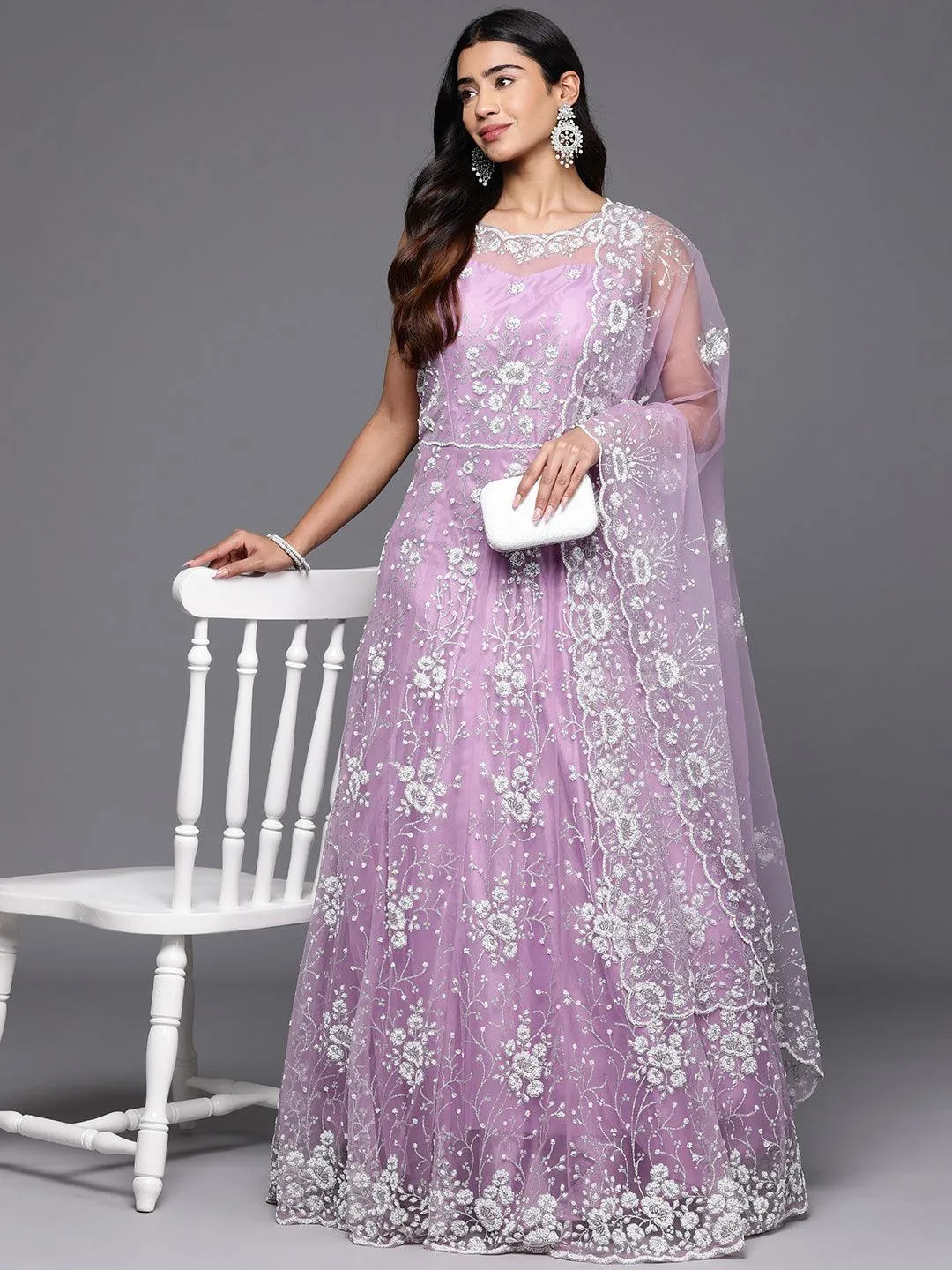 Jashvi Art Lavender Embellished Net Gown Dress With Dupatta