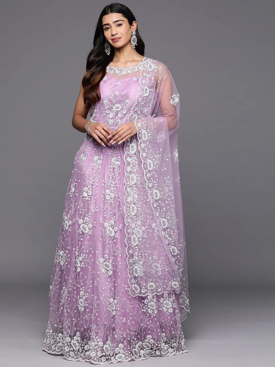 Jashvi Art Lavender Embellished Net Gown Dress With Dupatta