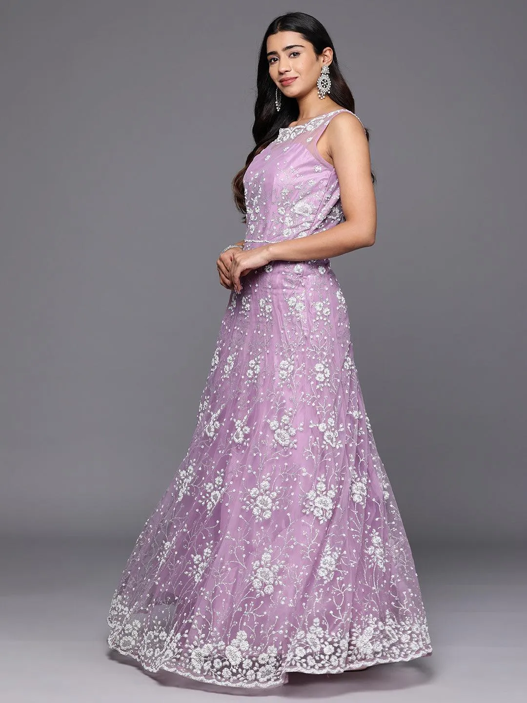 Jashvi Art Lavender Embellished Net Gown Dress With Dupatta