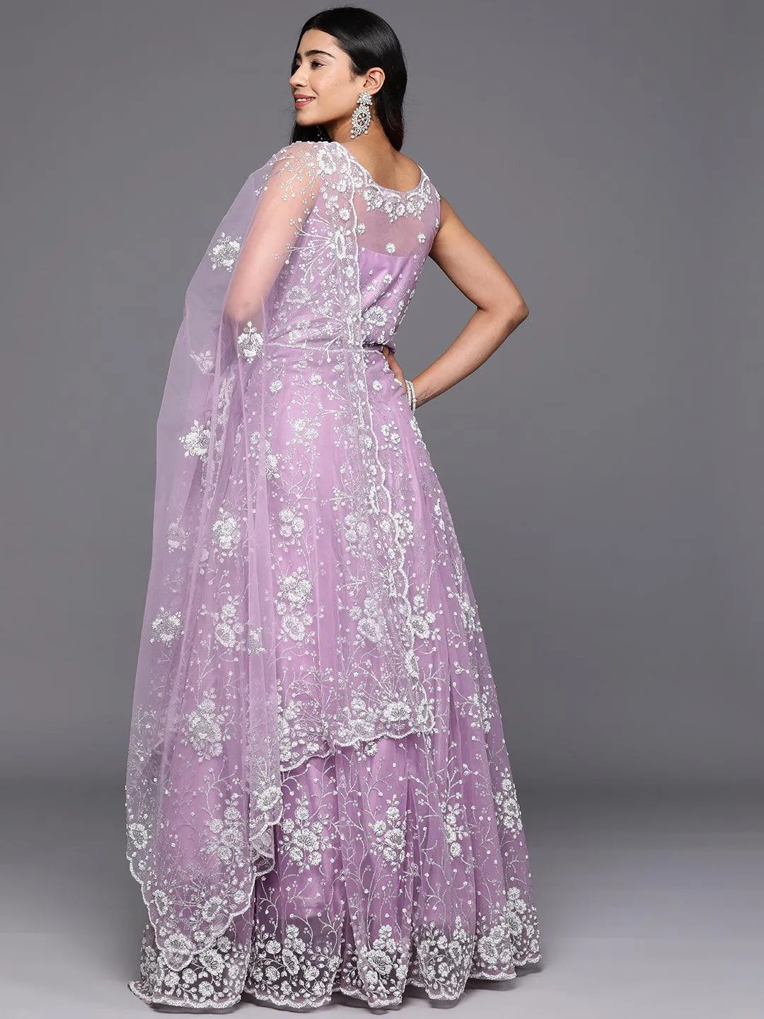 Jashvi Art Lavender Embellished Net Gown Dress With Dupatta