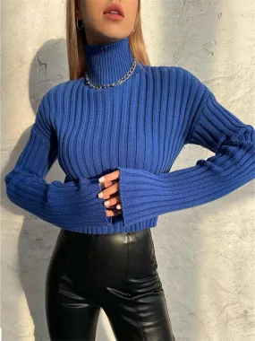 Joskaa Knitted Women's Sweater 2024 Autumn Winter Turtleneck Casual Loose Flare Sleeve Crop Top Female Jumper Blue Short Slim Pullover