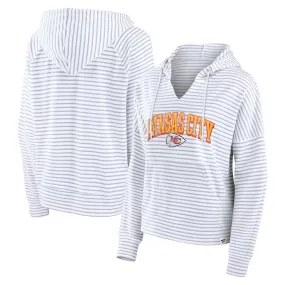 Kansas City Chiefs Fanatics Women's STRIPED NOTCH White/Gray Neck Pullover Hoodie - FANATICS