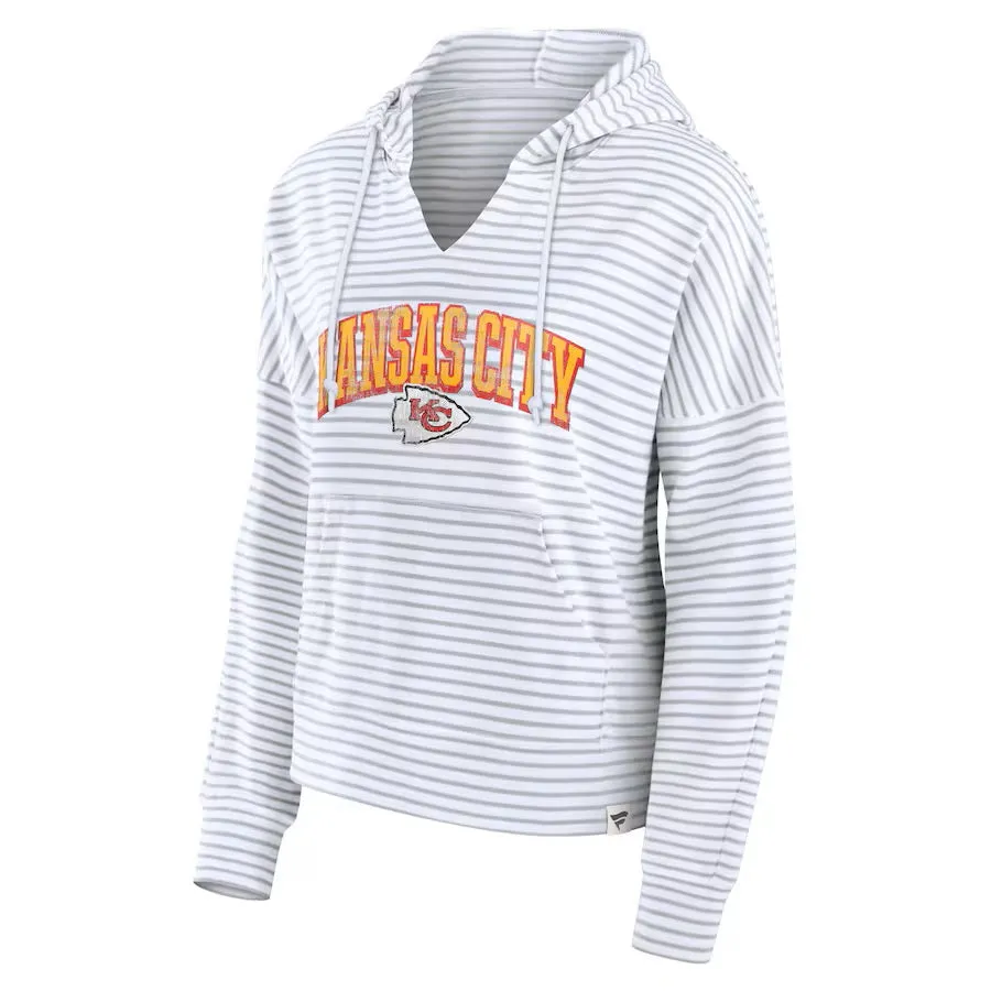 Kansas City Chiefs Fanatics Women's STRIPED NOTCH White/Gray Neck Pullover Hoodie - FANATICS