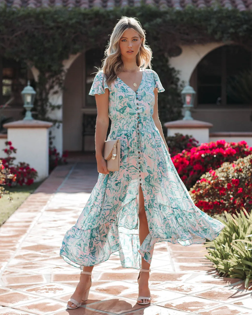 Kayan Palm Print Button Down Smocked Maxi Dress