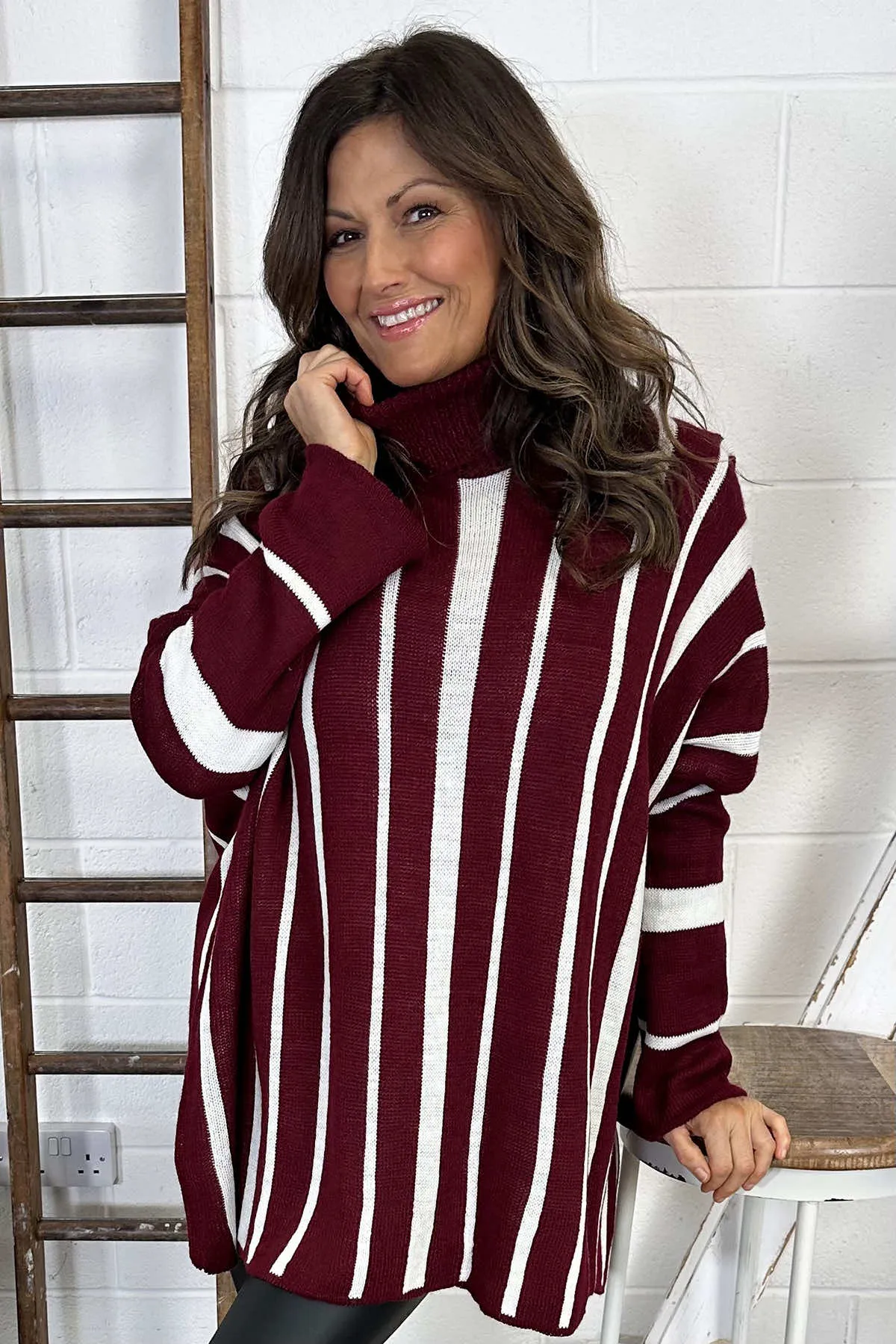 Kenzie Stripe Polo Knitted Jumper Wine