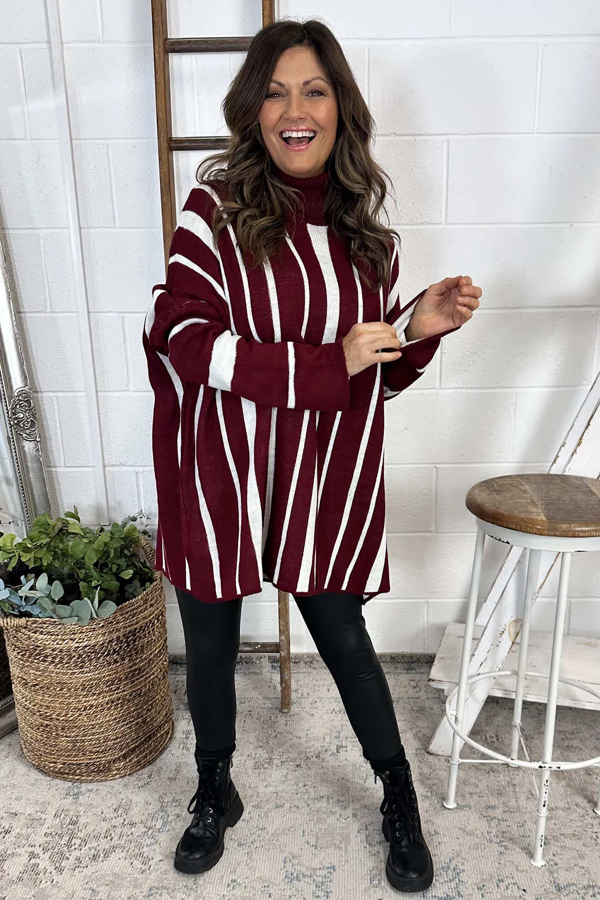 Kenzie Stripe Polo Knitted Jumper Wine