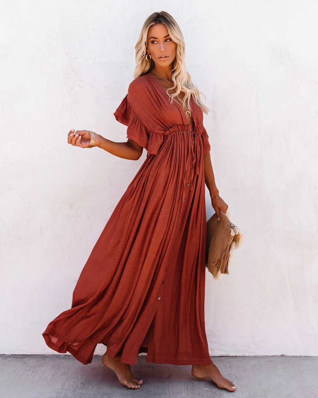 KittenAlarm - Anika Pocketed Button Down Ruffle Maxi Dress - Terracotta