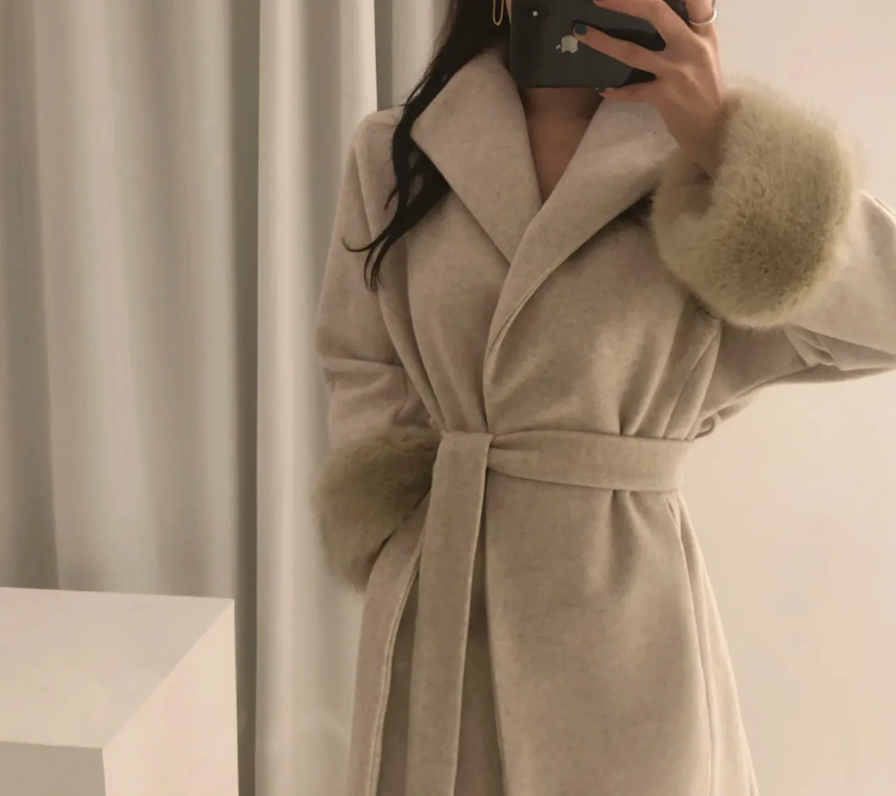 [Korean Style] Filicca Belted Wool Coat with Fur Scarf