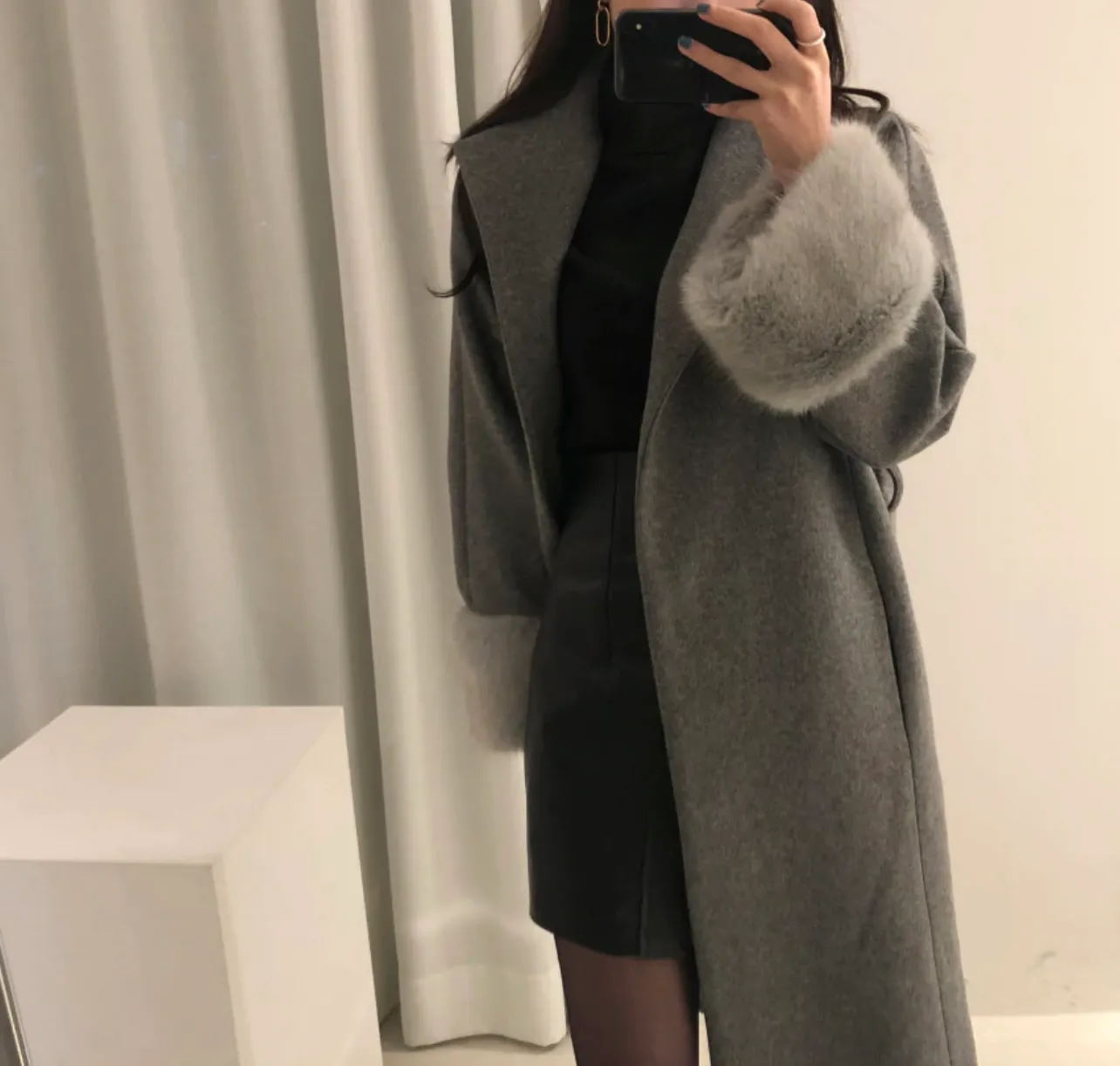 [Korean Style] Filicca Belted Wool Coat with Fur Scarf