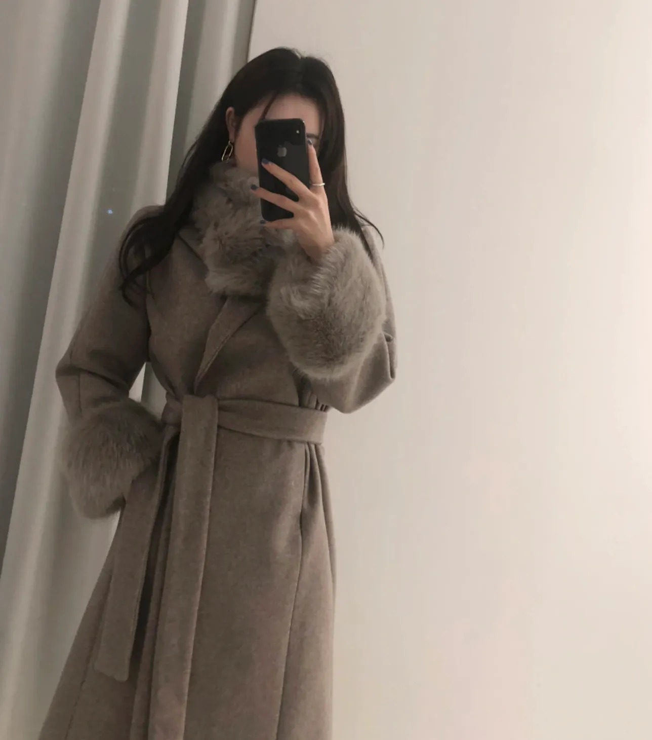 [Korean Style] Filicca Belted Wool Coat with Fur Scarf