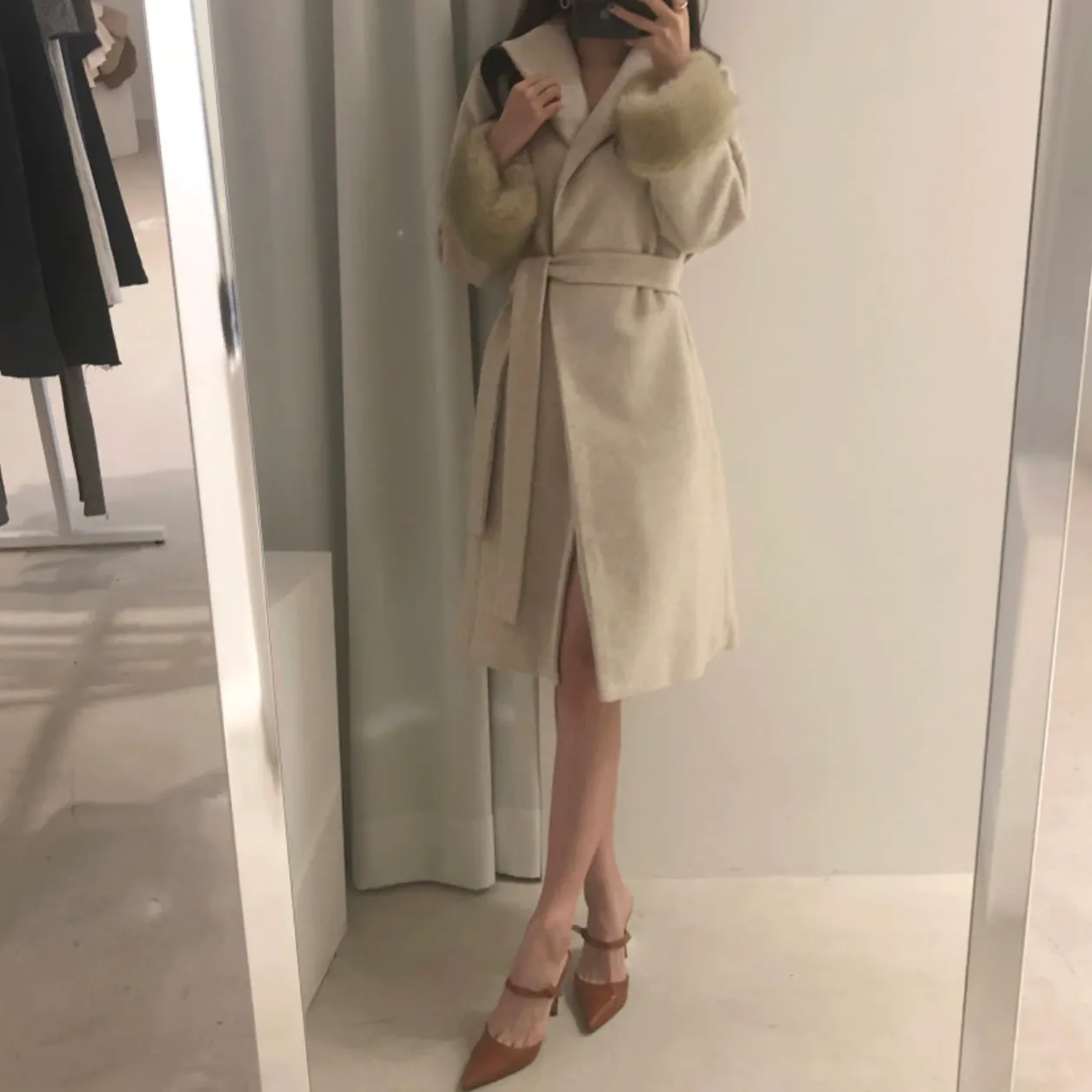 [Korean Style] Filicca Belted Wool Coat with Fur Scarf