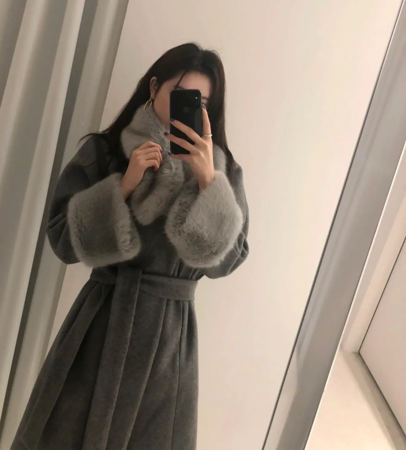 [Korean Style] Filicca Belted Wool Coat with Fur Scarf