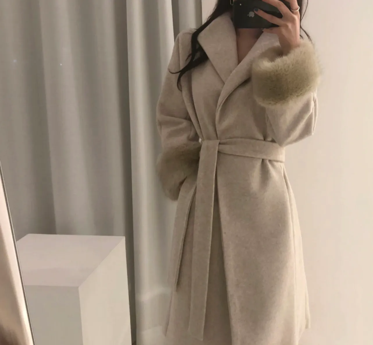 [Korean Style] Filicca Belted Wool Coat with Fur Scarf