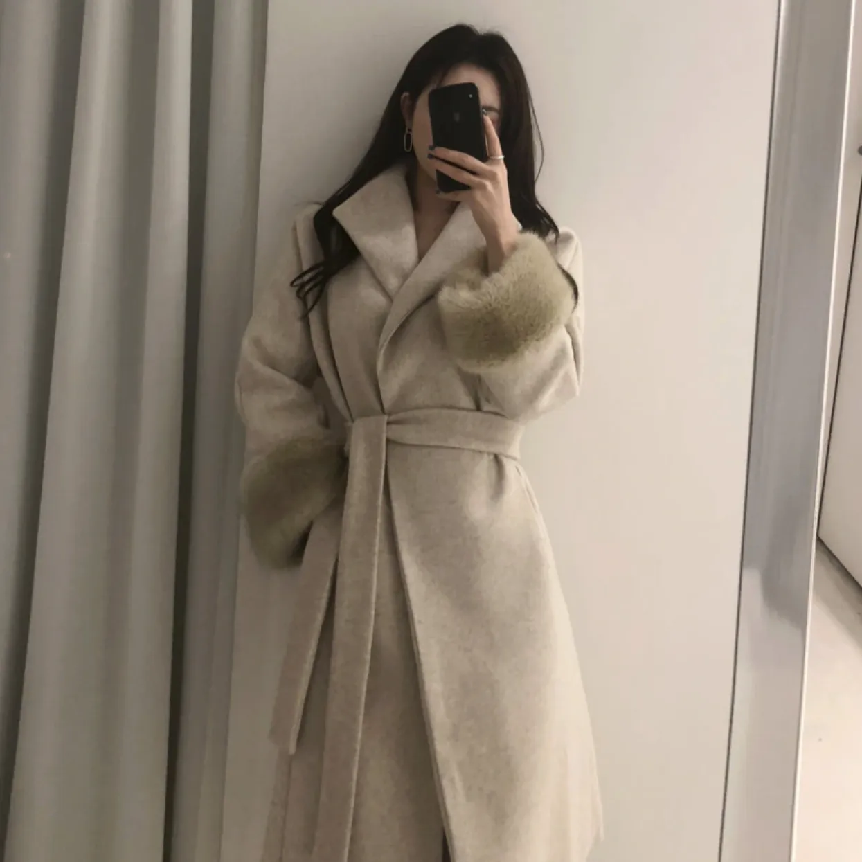 [Korean Style] Filicca Belted Wool Coat with Fur Scarf