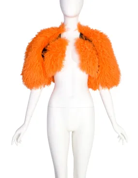 Krizia AW 2010 Vivid Orange Mongolian Lamb and Black Leather Cropped Bolero Jacket