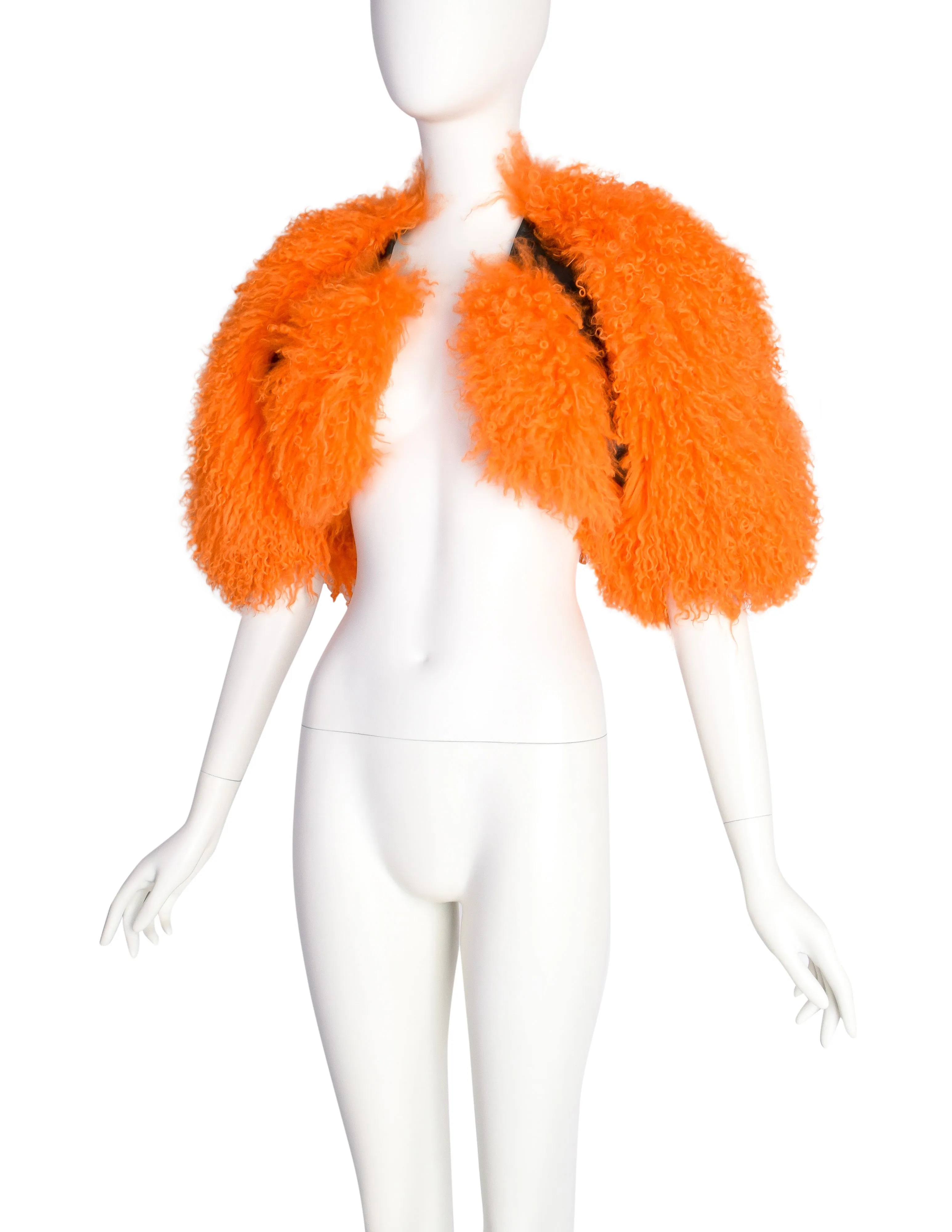 Krizia AW 2010 Vivid Orange Mongolian Lamb and Black Leather Cropped Bolero Jacket