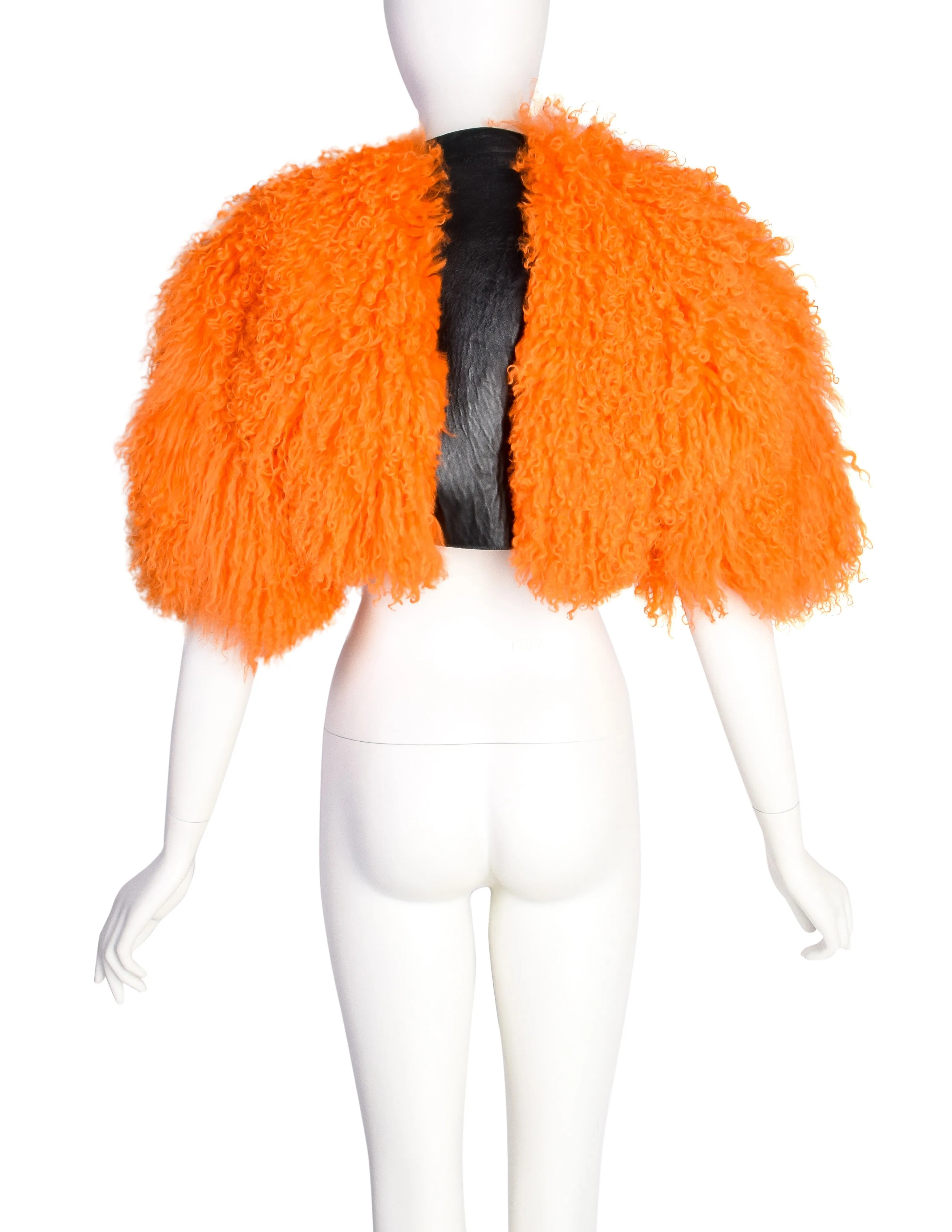 Krizia AW 2010 Vivid Orange Mongolian Lamb and Black Leather Cropped Bolero Jacket