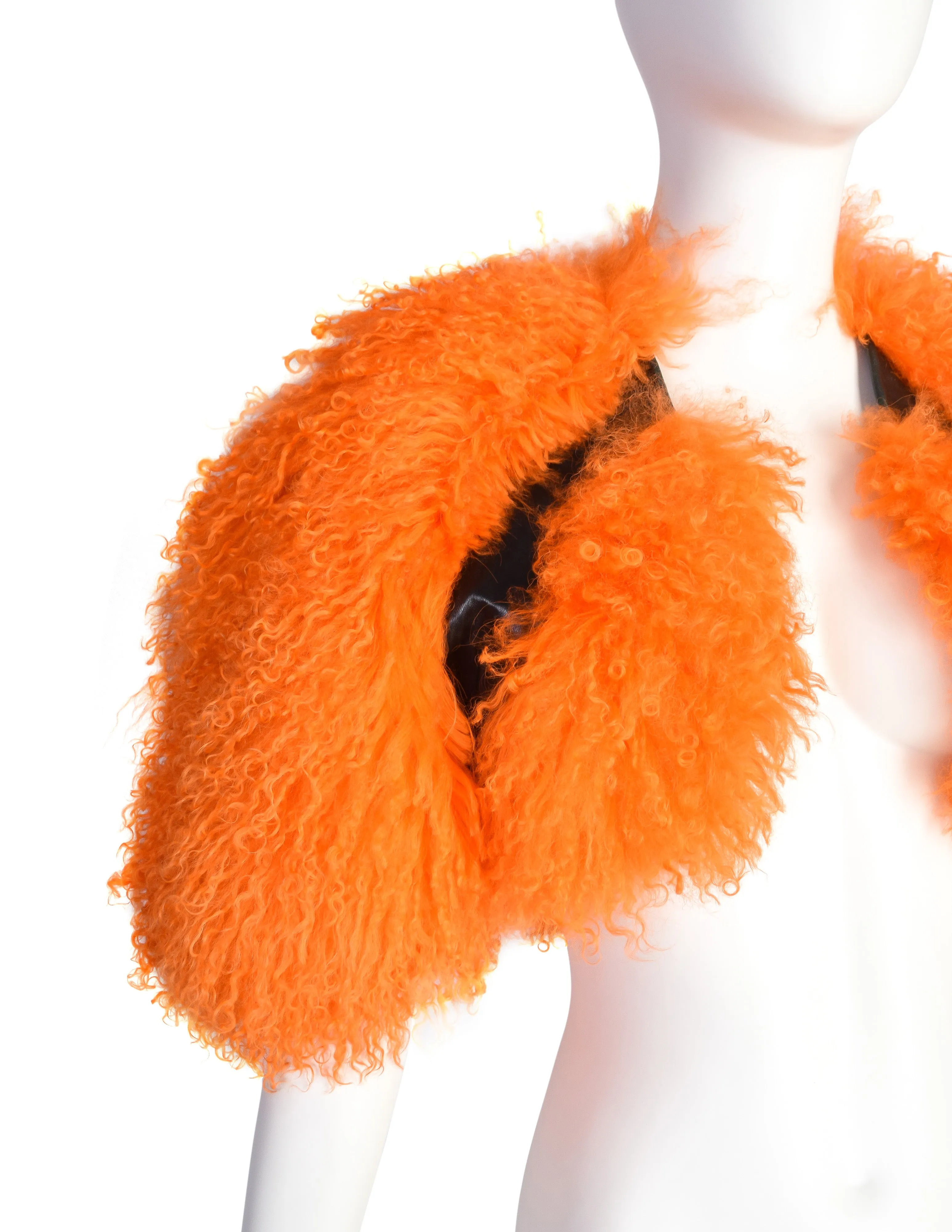 Krizia AW 2010 Vivid Orange Mongolian Lamb and Black Leather Cropped Bolero Jacket