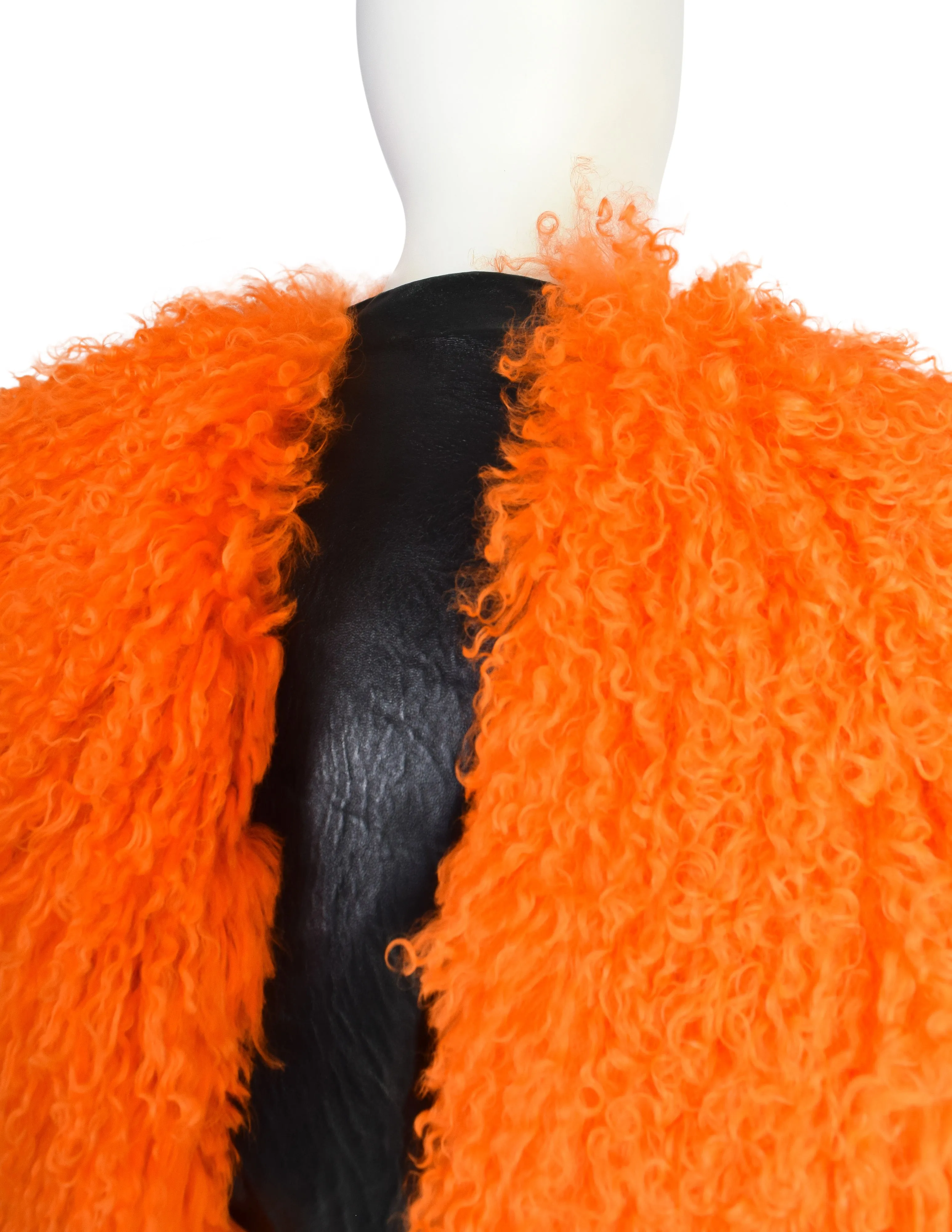 Krizia AW 2010 Vivid Orange Mongolian Lamb and Black Leather Cropped Bolero Jacket