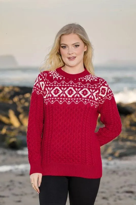 Ladies Jacquard Aran Sweater | Red