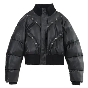 Leather Puffer Metal Holes Jacket