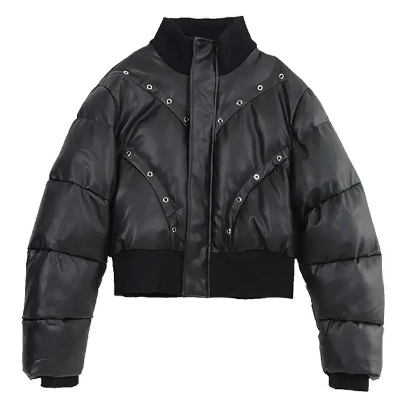 Leather Puffer Metal Holes Jacket