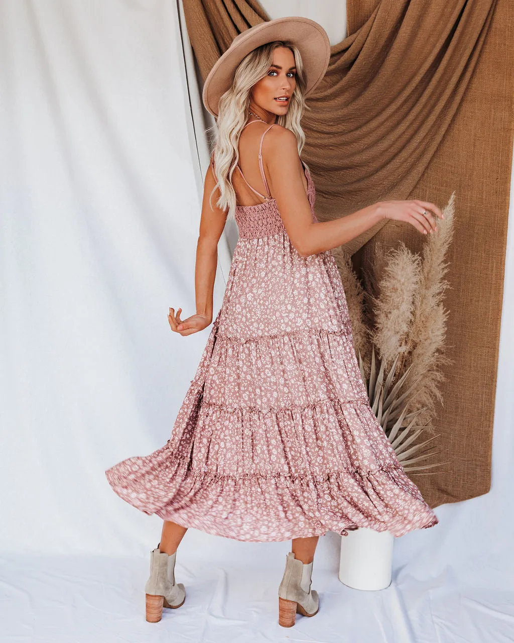 Let It Be Tiered Floral Lace Midi Dress - Mauve