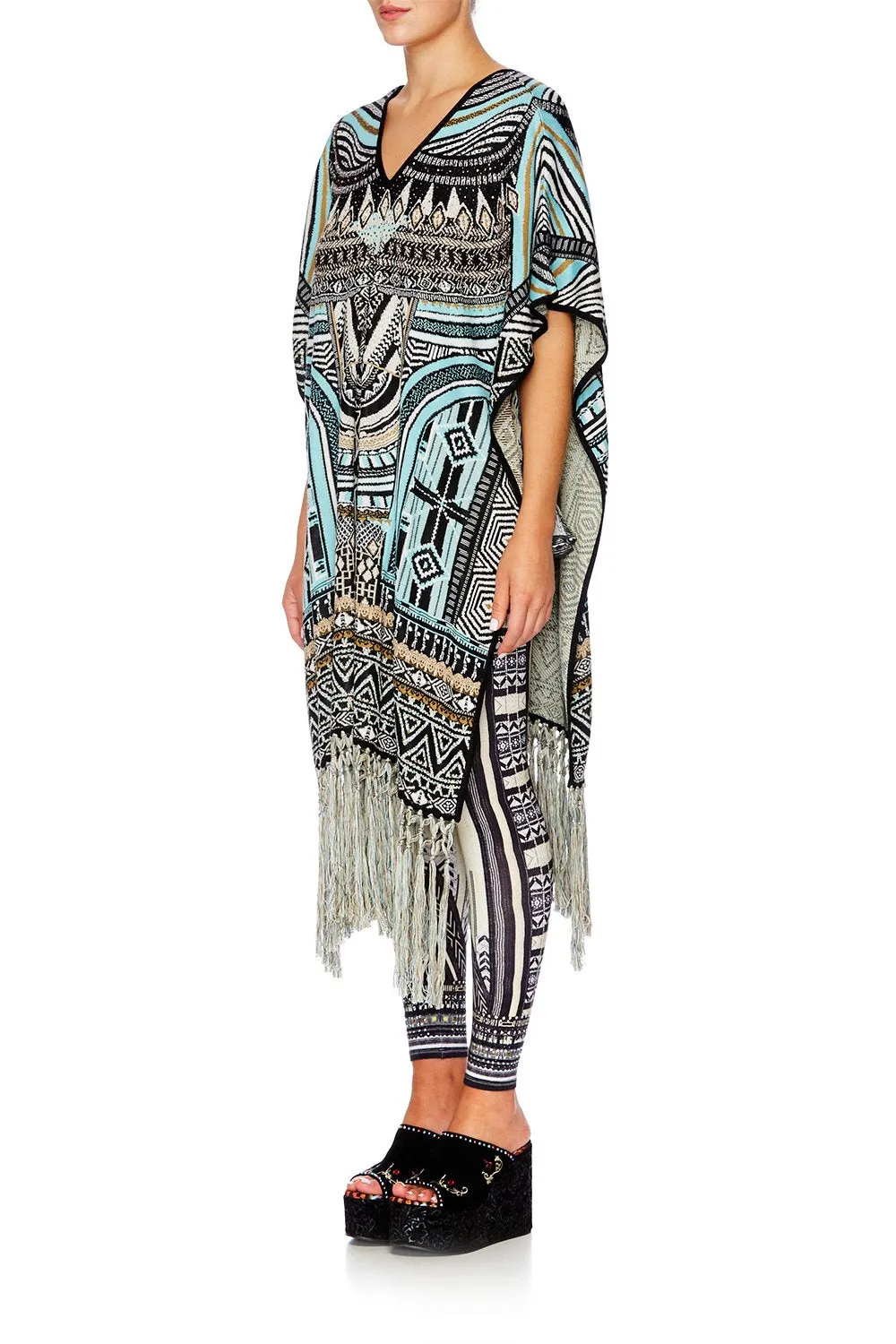 LONG V NECK PONCHO WITH FRINGING RUNAWAY READY