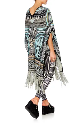 LONG V NECK PONCHO WITH FRINGING RUNAWAY READY