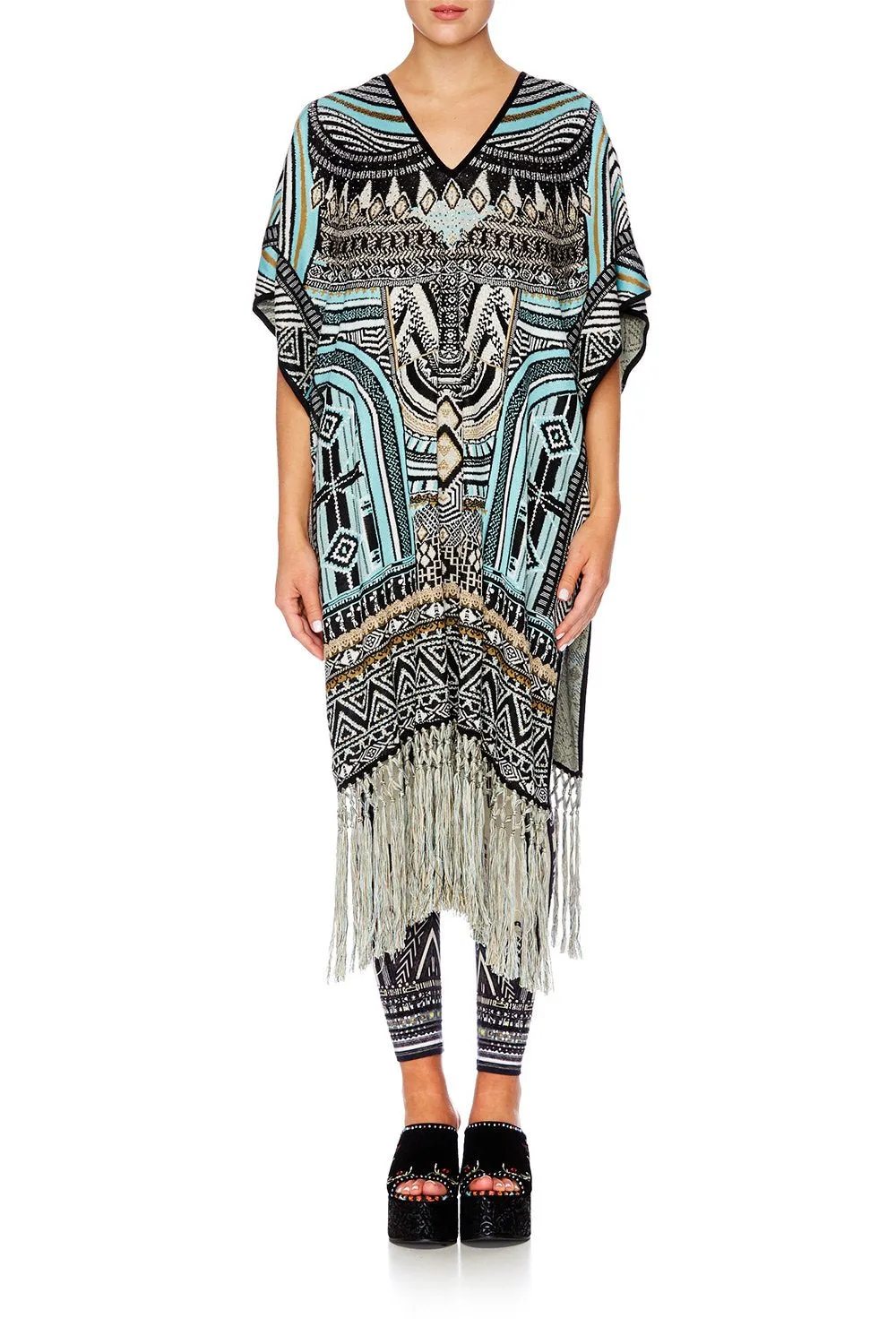 LONG V NECK PONCHO WITH FRINGING RUNAWAY READY