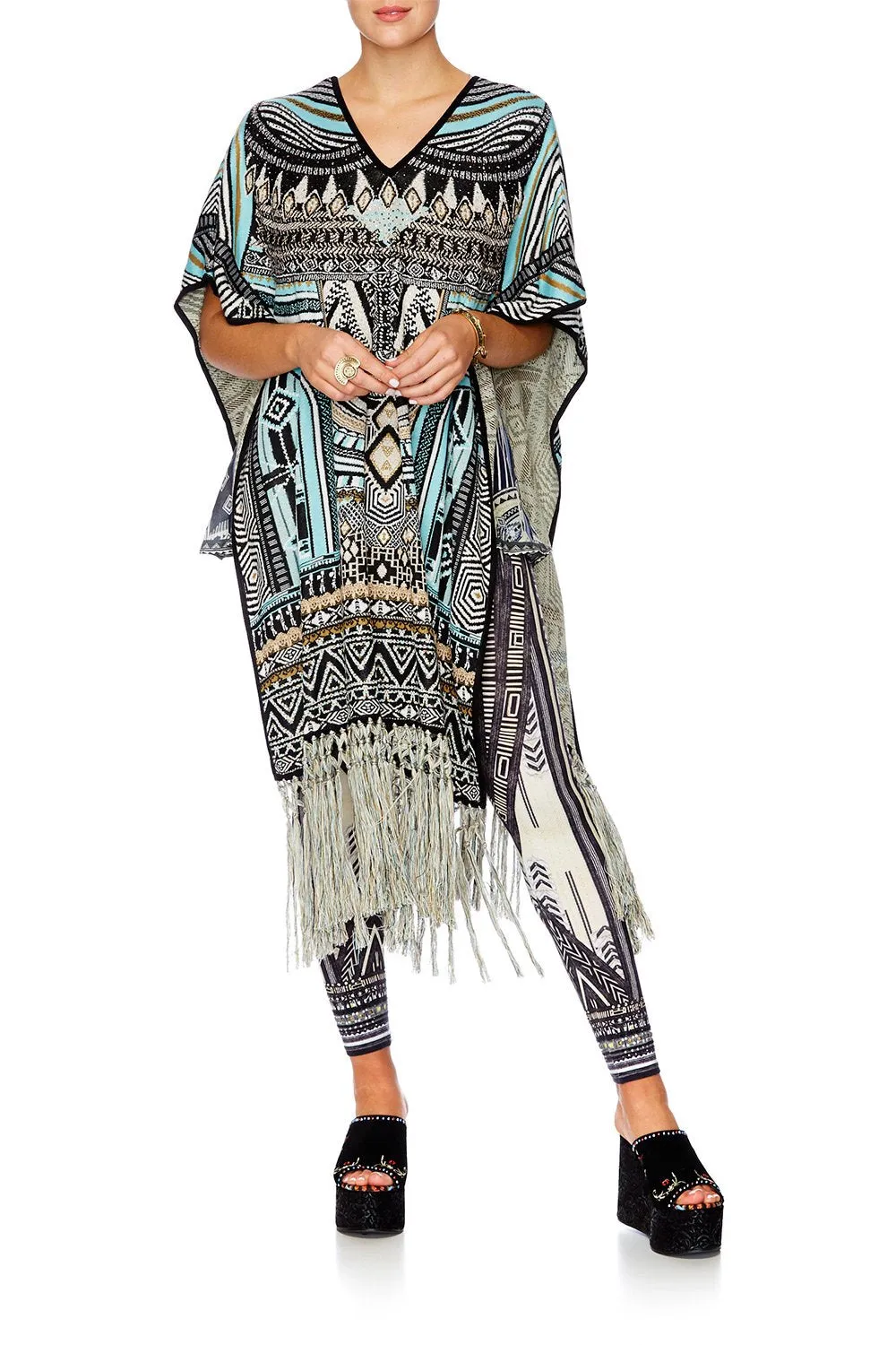 LONG V NECK PONCHO WITH FRINGING RUNAWAY READY