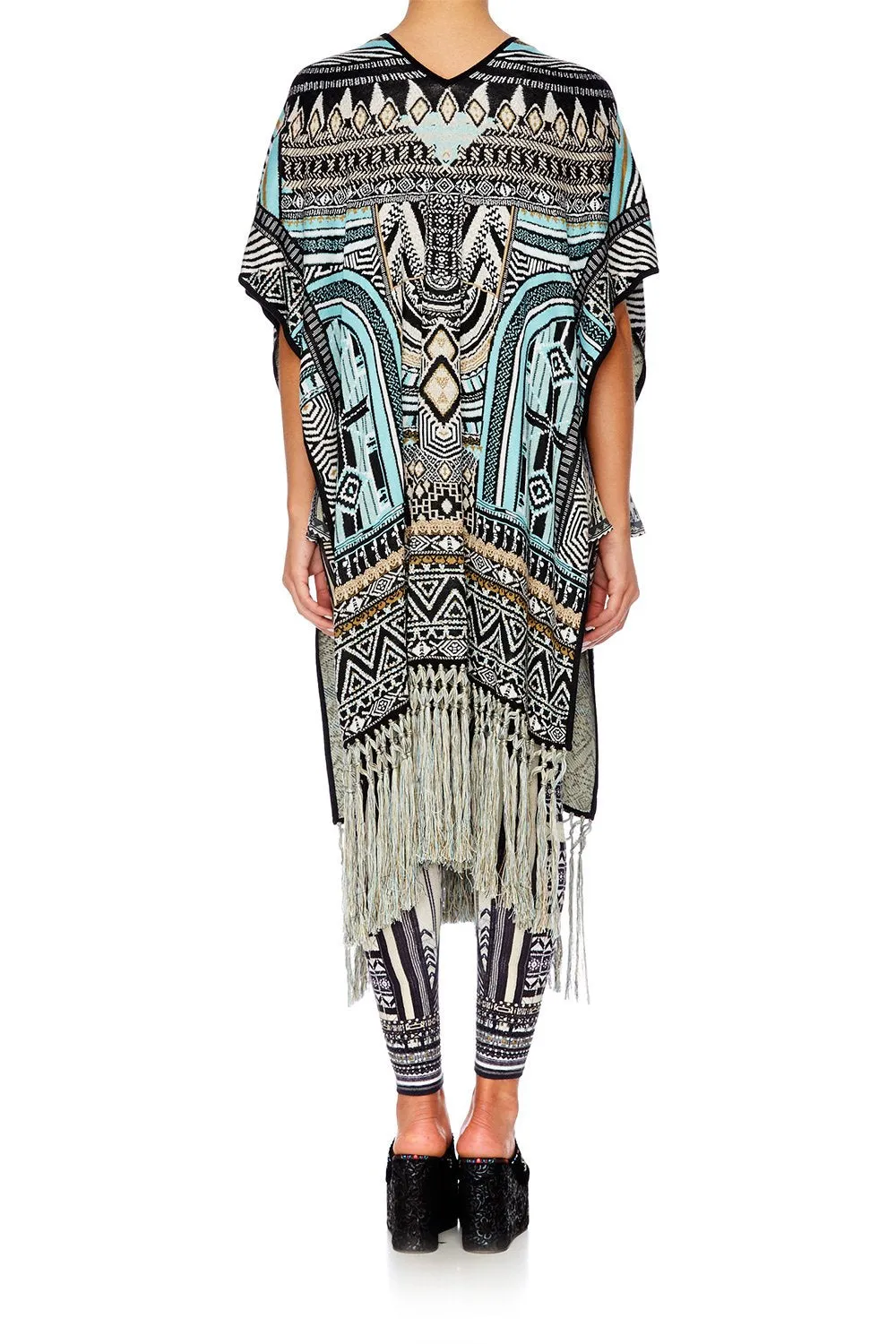 LONG V NECK PONCHO WITH FRINGING RUNAWAY READY