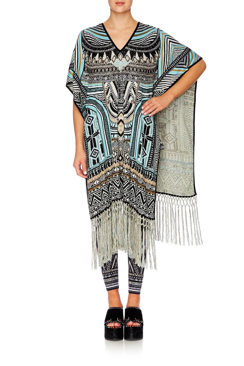 LONG V NECK PONCHO WITH FRINGING RUNAWAY READY