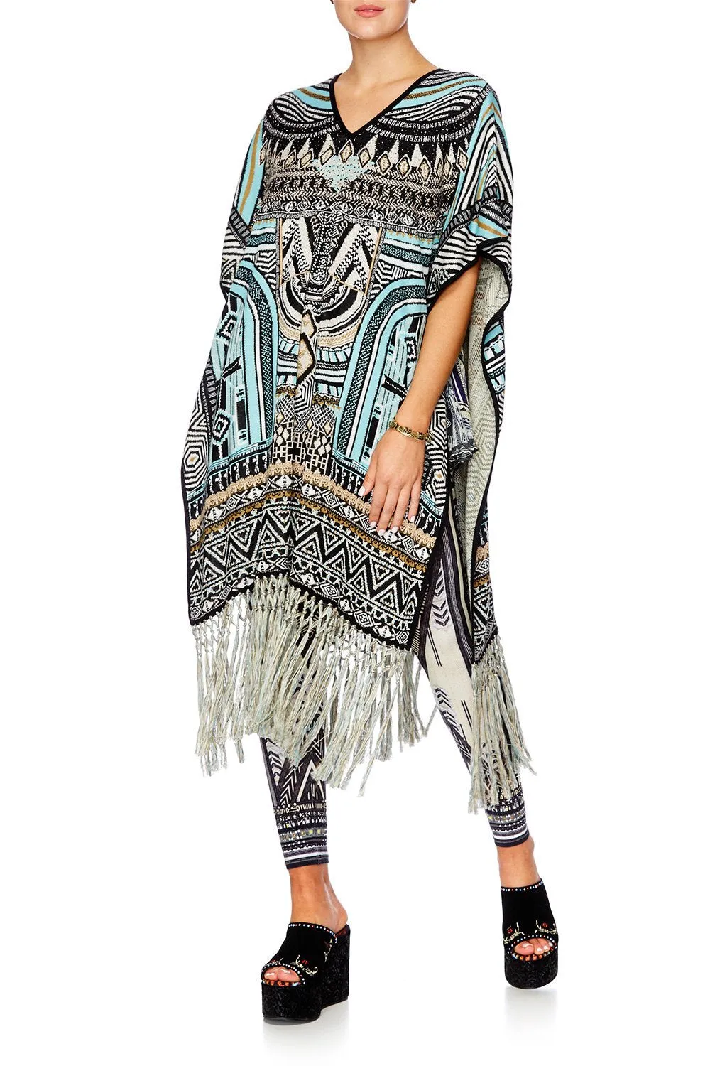 LONG V NECK PONCHO WITH FRINGING RUNAWAY READY