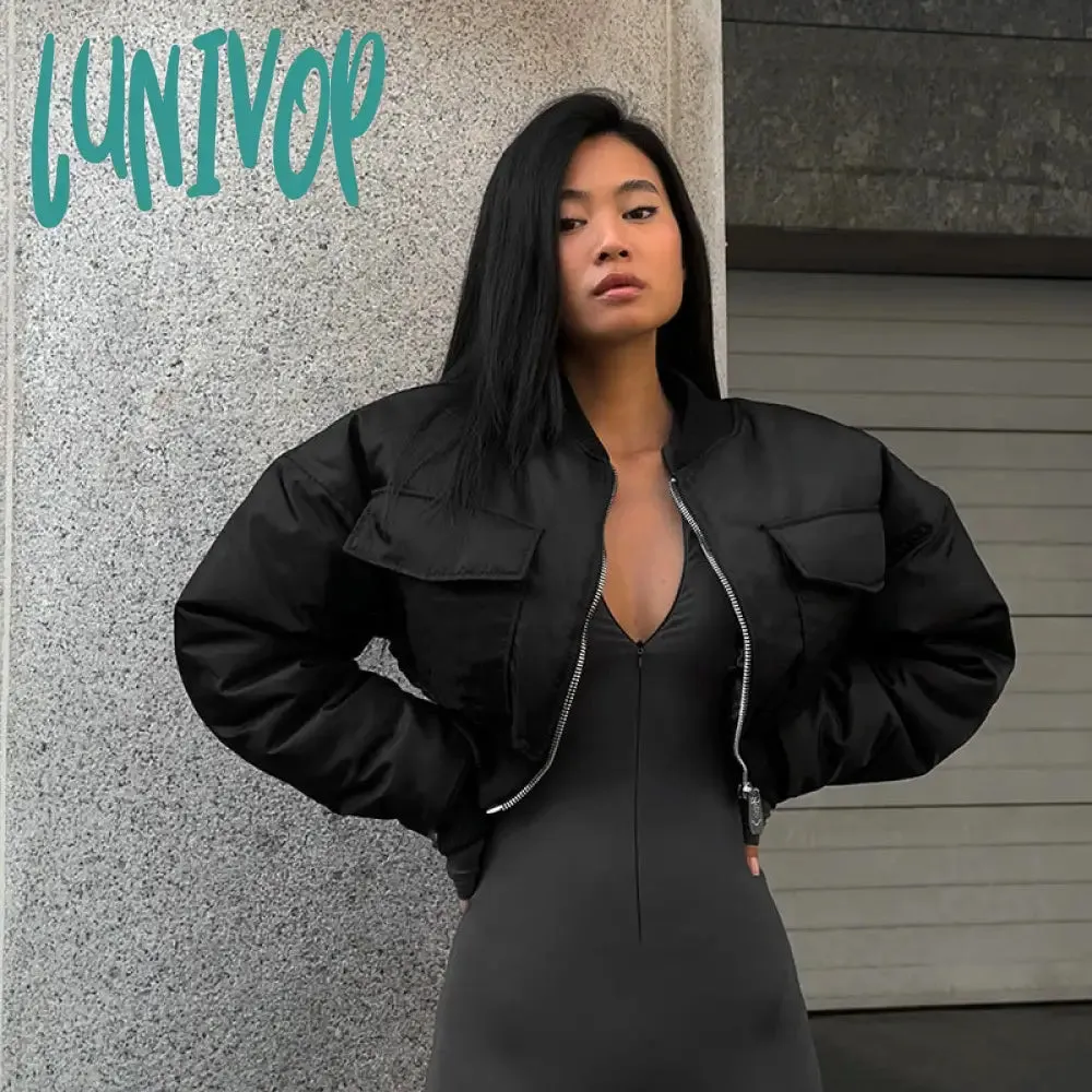 Lunivop bomber jacket Women's Hot Winter New Solid Color Zipper Long Sleeve Warm Short Cotton Jacket Top