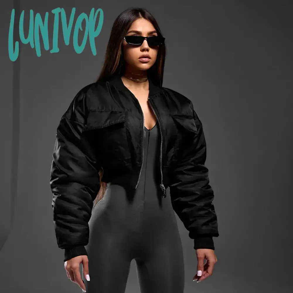 Lunivop bomber jacket Women's Hot Winter New Solid Color Zipper Long Sleeve Warm Short Cotton Jacket Top