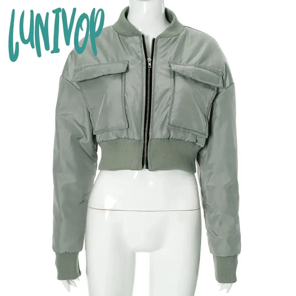 Lunivop bomber jacket Women's Hot Winter New Solid Color Zipper Long Sleeve Warm Short Cotton Jacket Top