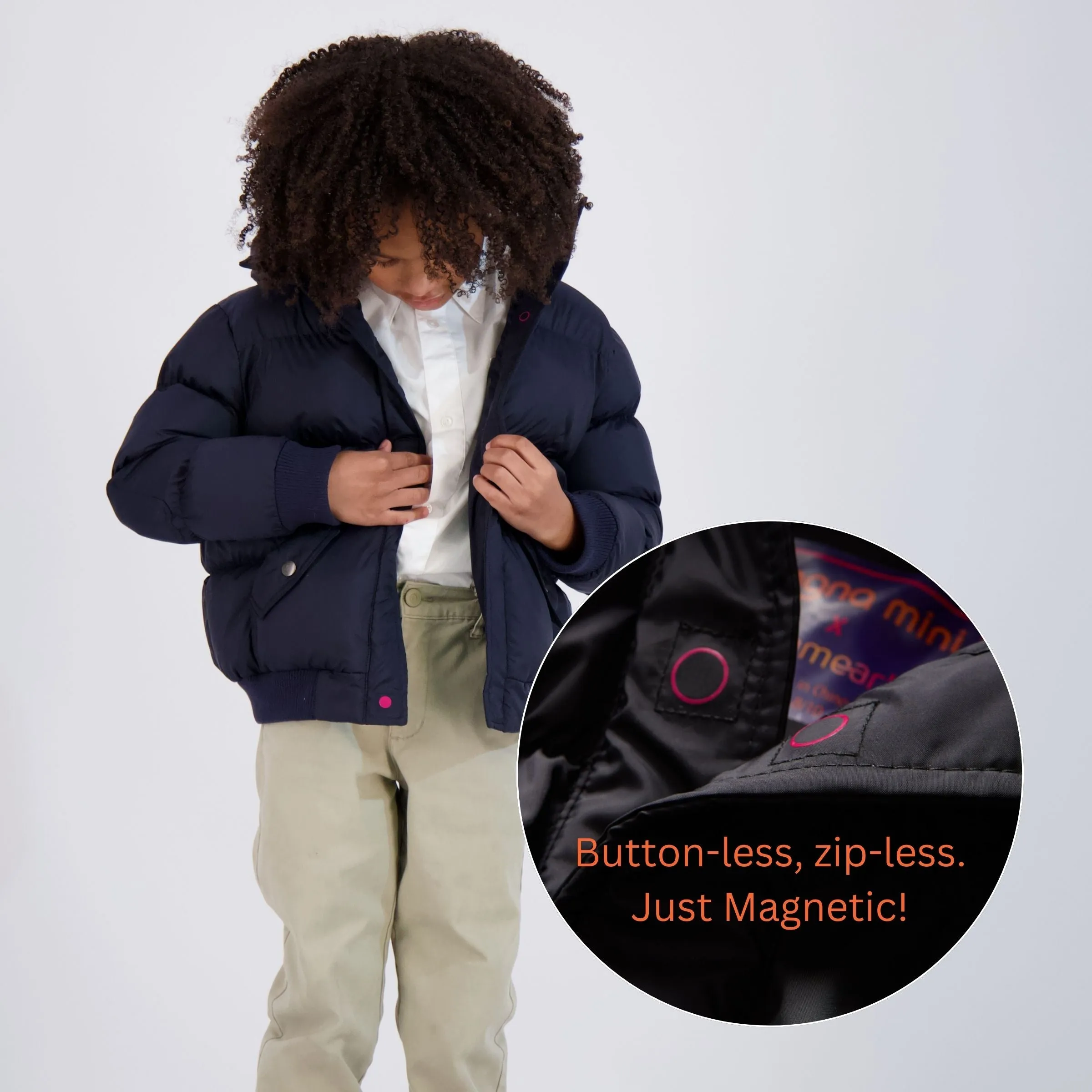 MagnaMini Kids Magnetic Front Water-Resistant Puffer Coat with Hood in Black