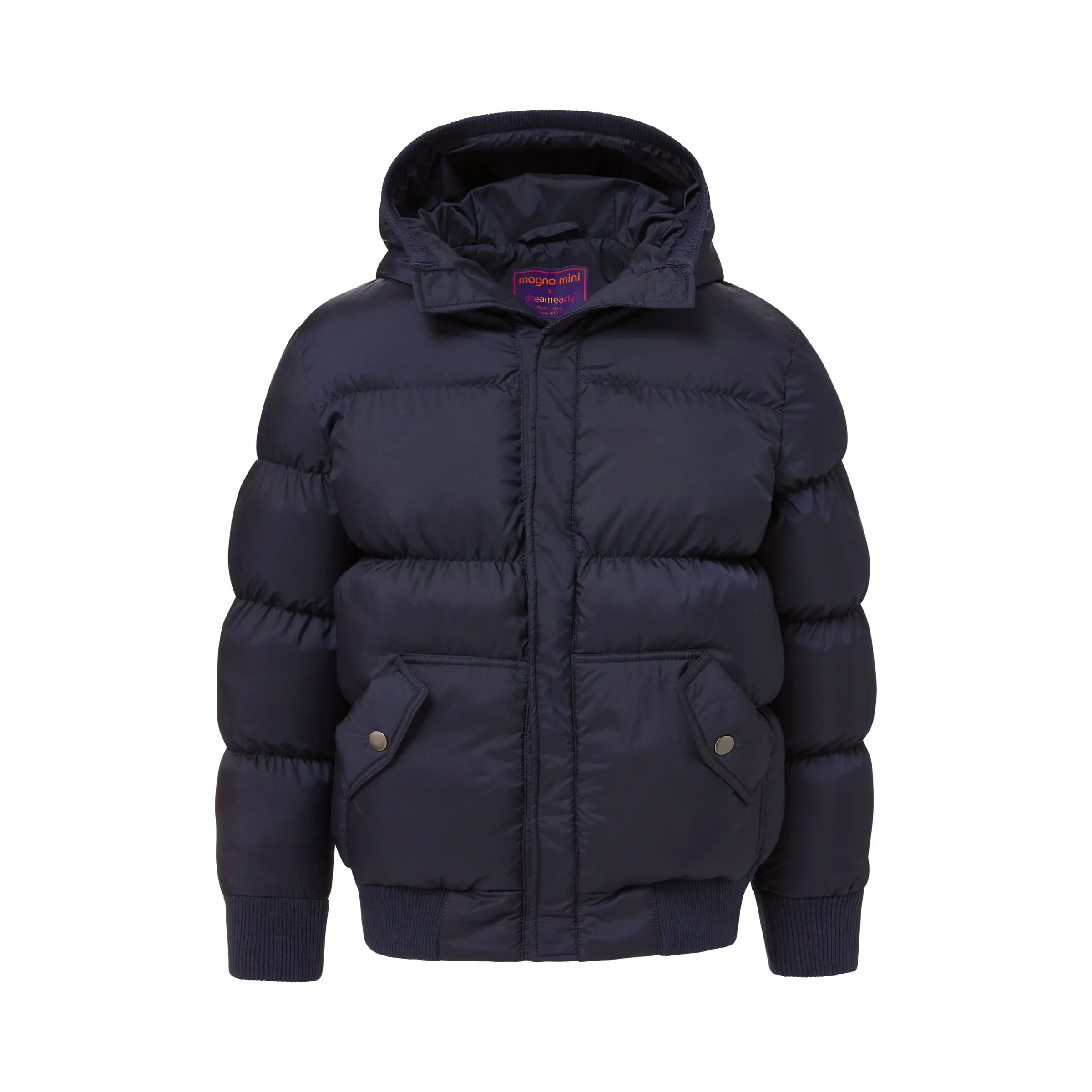 MagnaMini Kids Magnetic Front Water-Resistant Puffer Coat with Hood in Navy