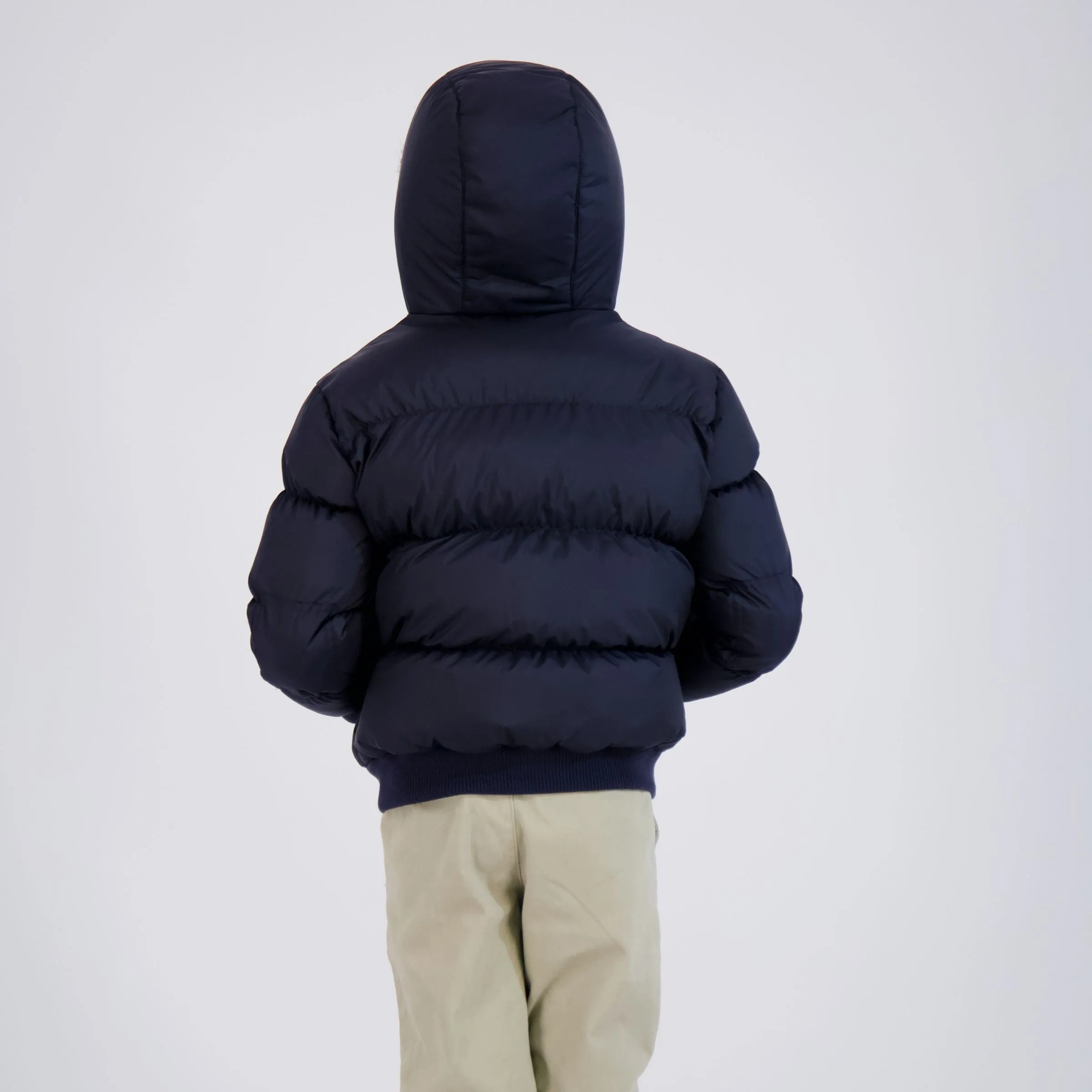 MagnaMini Kids Magnetic Front Water-Resistant Puffer Coat with Hood in Navy