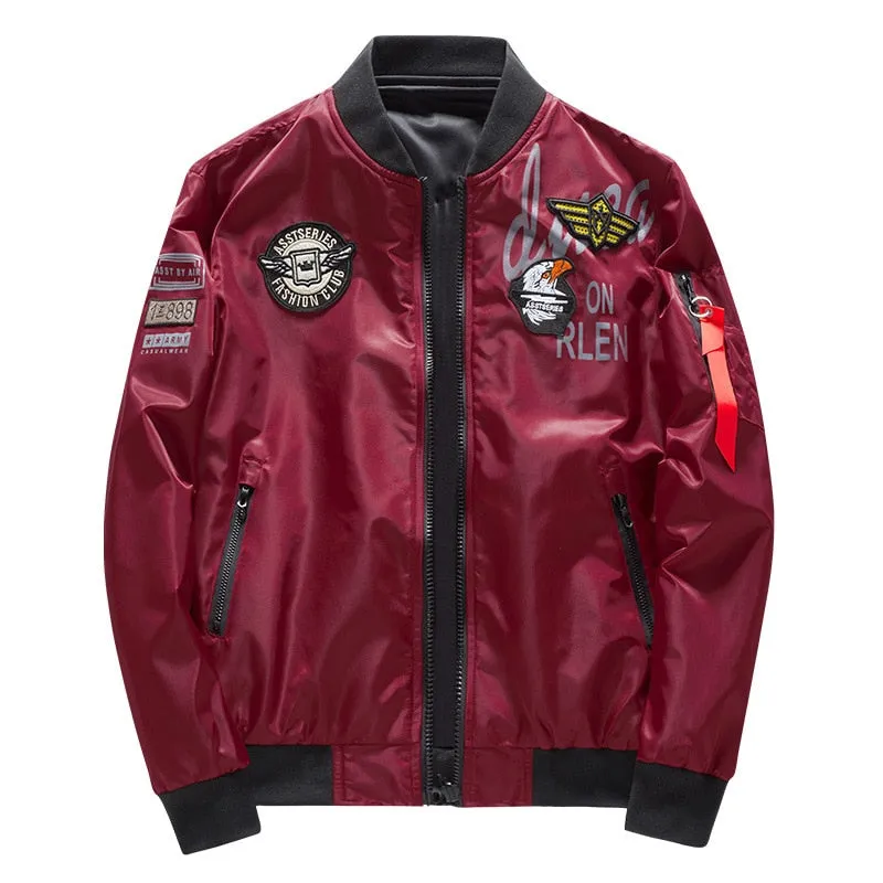 Male Bomber Jacket Men Army Military Pilot Jacket Badge Embroidery Baseball Jacket Double Sided Motorcycle Coat Big Size 5XL 6XL