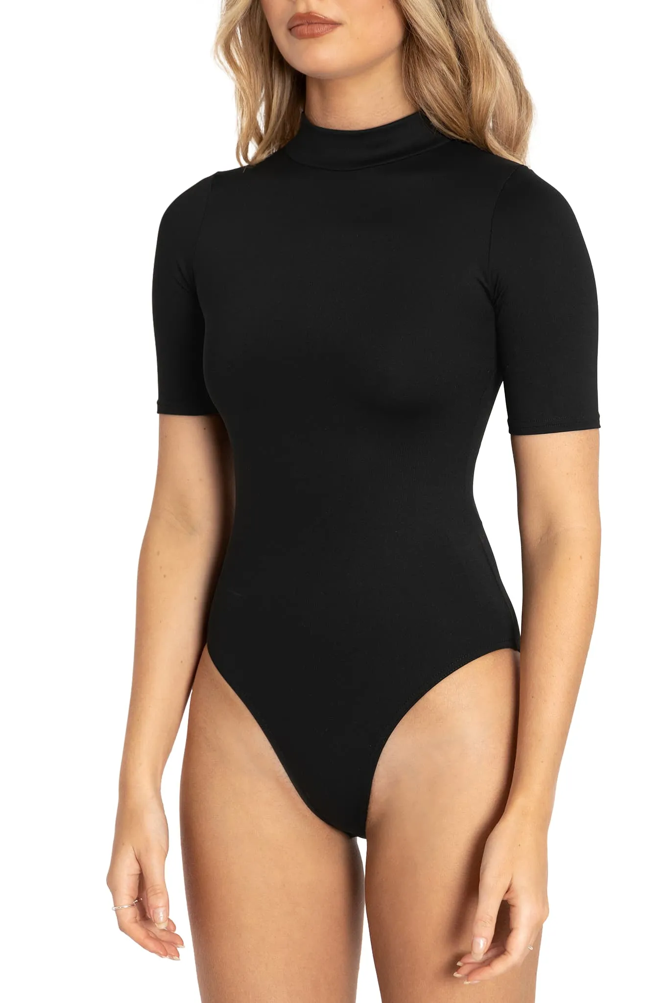 Matte Black High Neck Short Sleeve Bodysuit