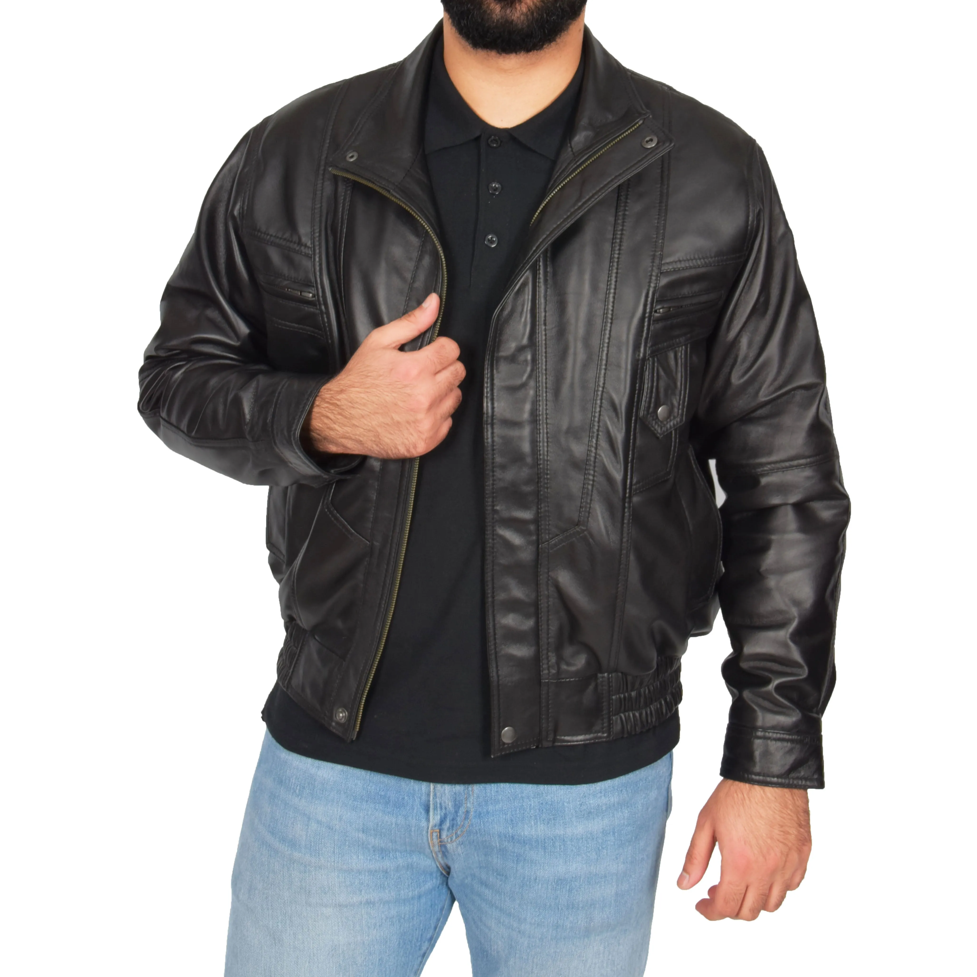 Mens Classic Bomber Soft Leather Jacket Alan Black