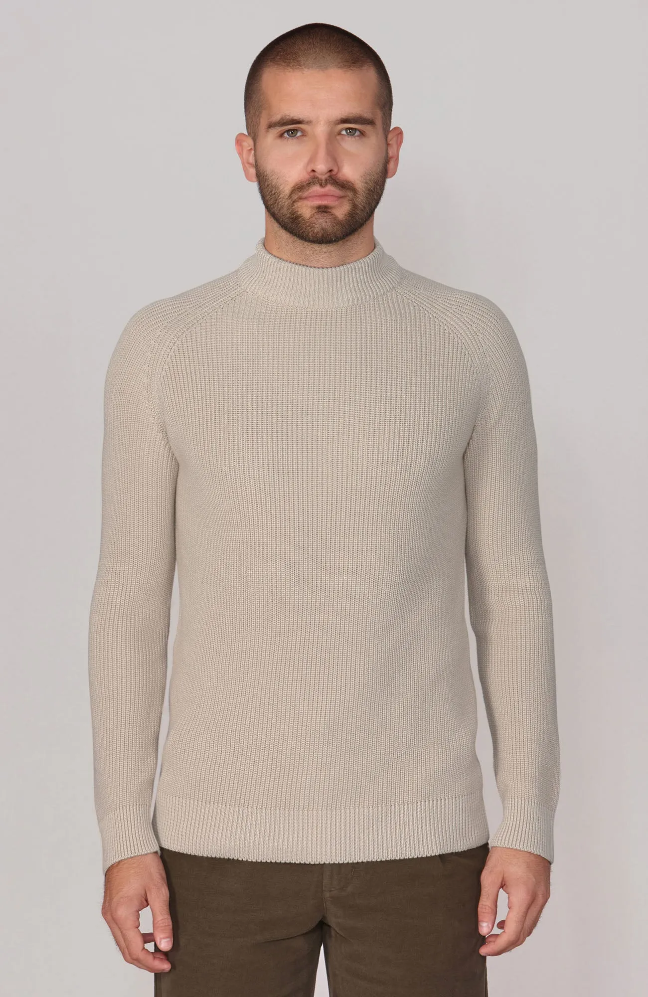 Mens Midweight Cotton Ribbed Mock Turtle Neck Jumper